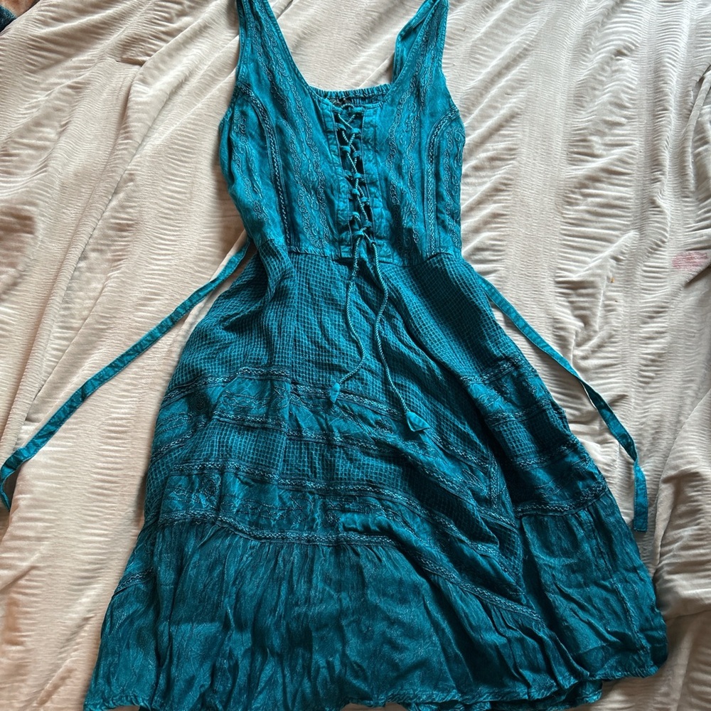 Teal Sleeveless Lace-Up Dress